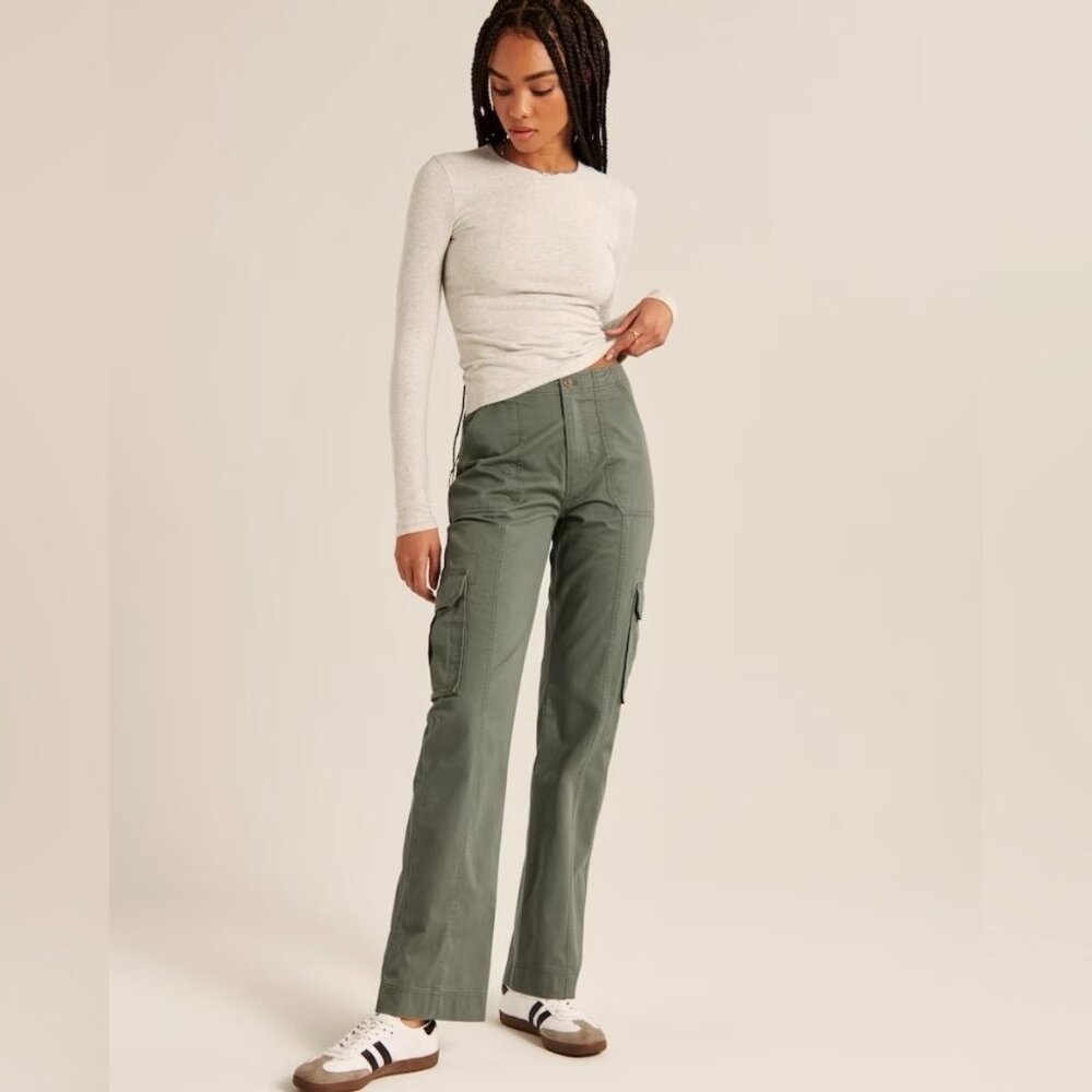 Abercrombie Relaxed Cargo‎ Pants Wide Leg Baggy Grunge High Rise Olive Green 25 - Picture 11 of 11